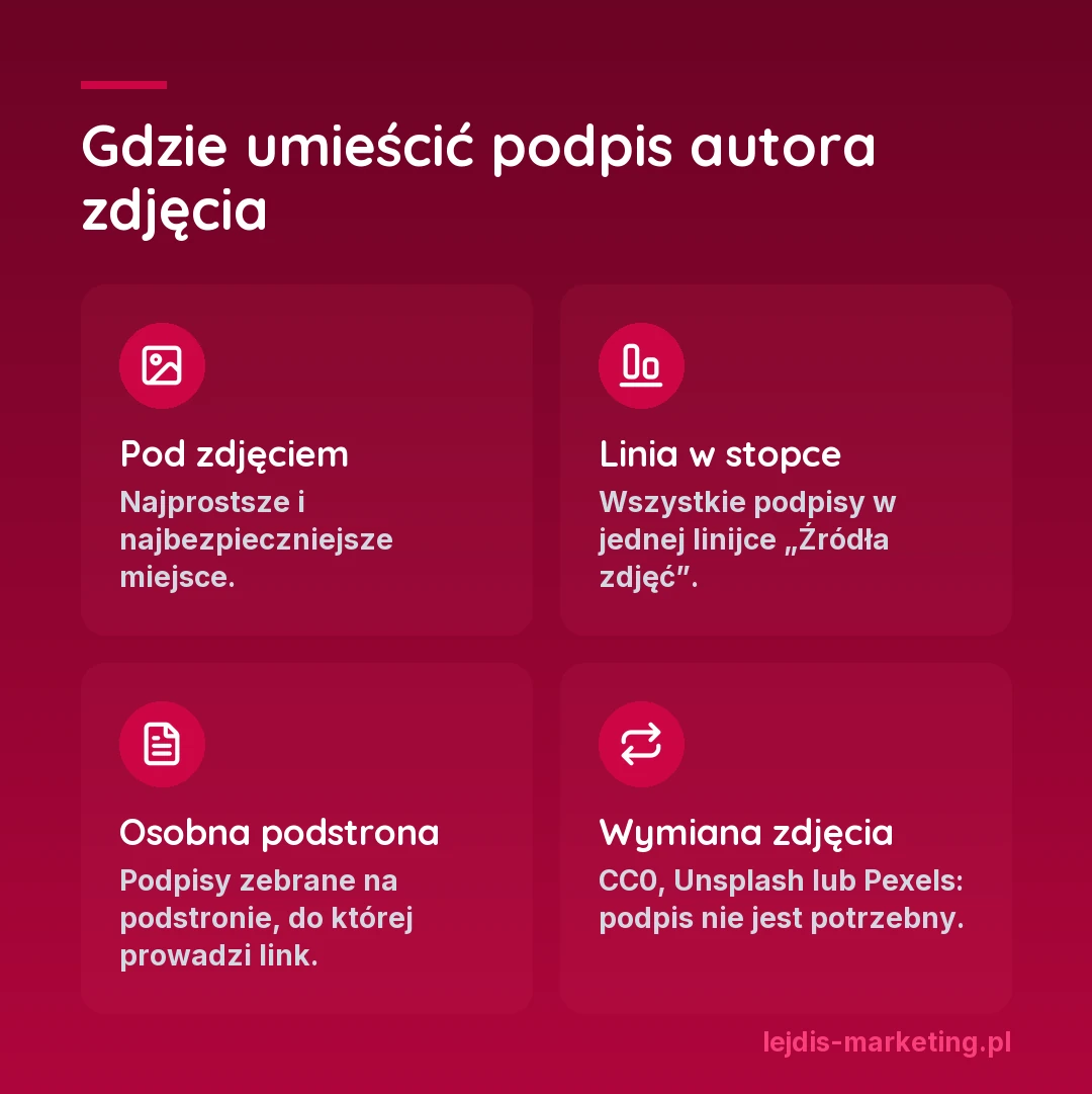 Cztery sposoby na podpis autora zdjęcia: pod zdjęciem, w linii ze źródłami zdjęć w stopce, na osobnej podstronie z linkiem albo wymiana zdjęcia na takie, które podpisu nie wymaga